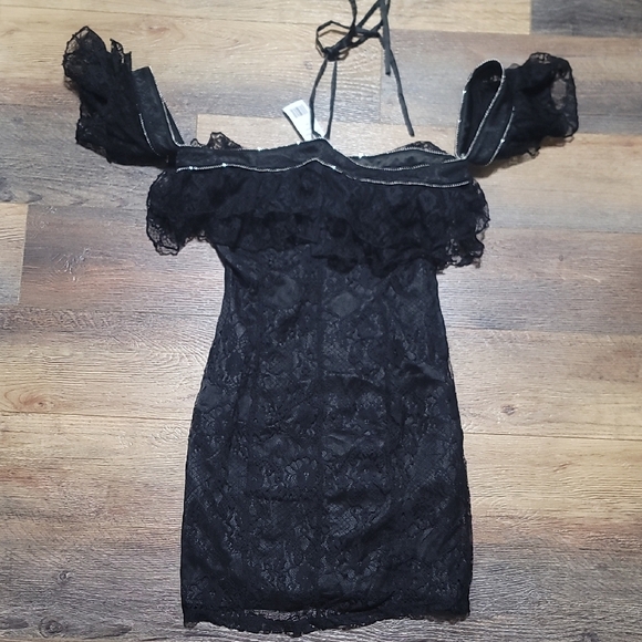 bebe Black Lace Embellished Keyhole Off-Shoulder Mini Dress - Picture 1 of 9